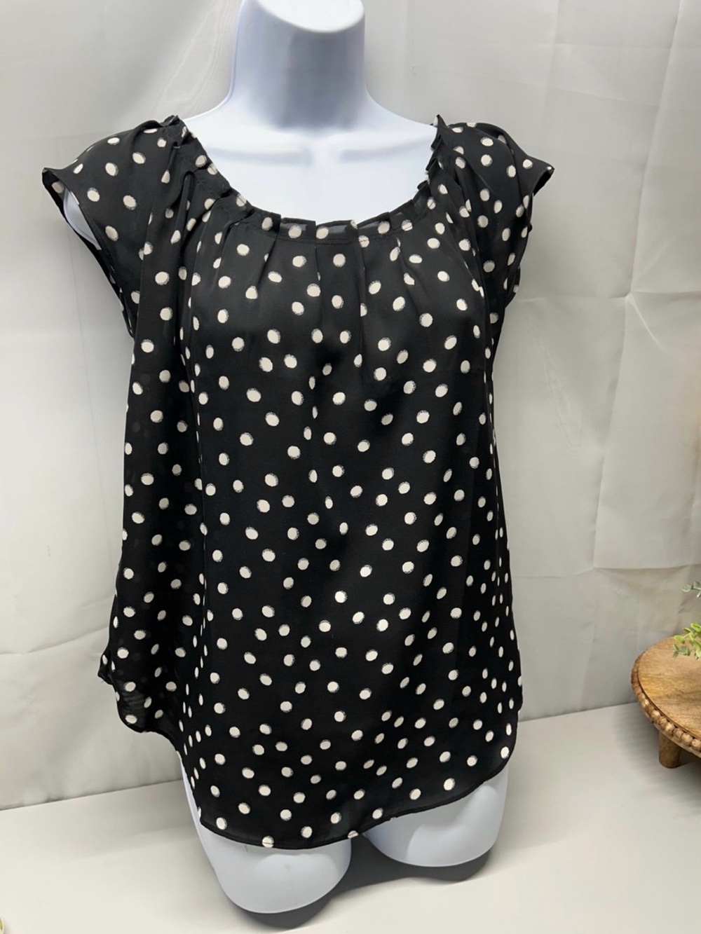 LC Lauren Conrad Black Blouse with White Polka Dots